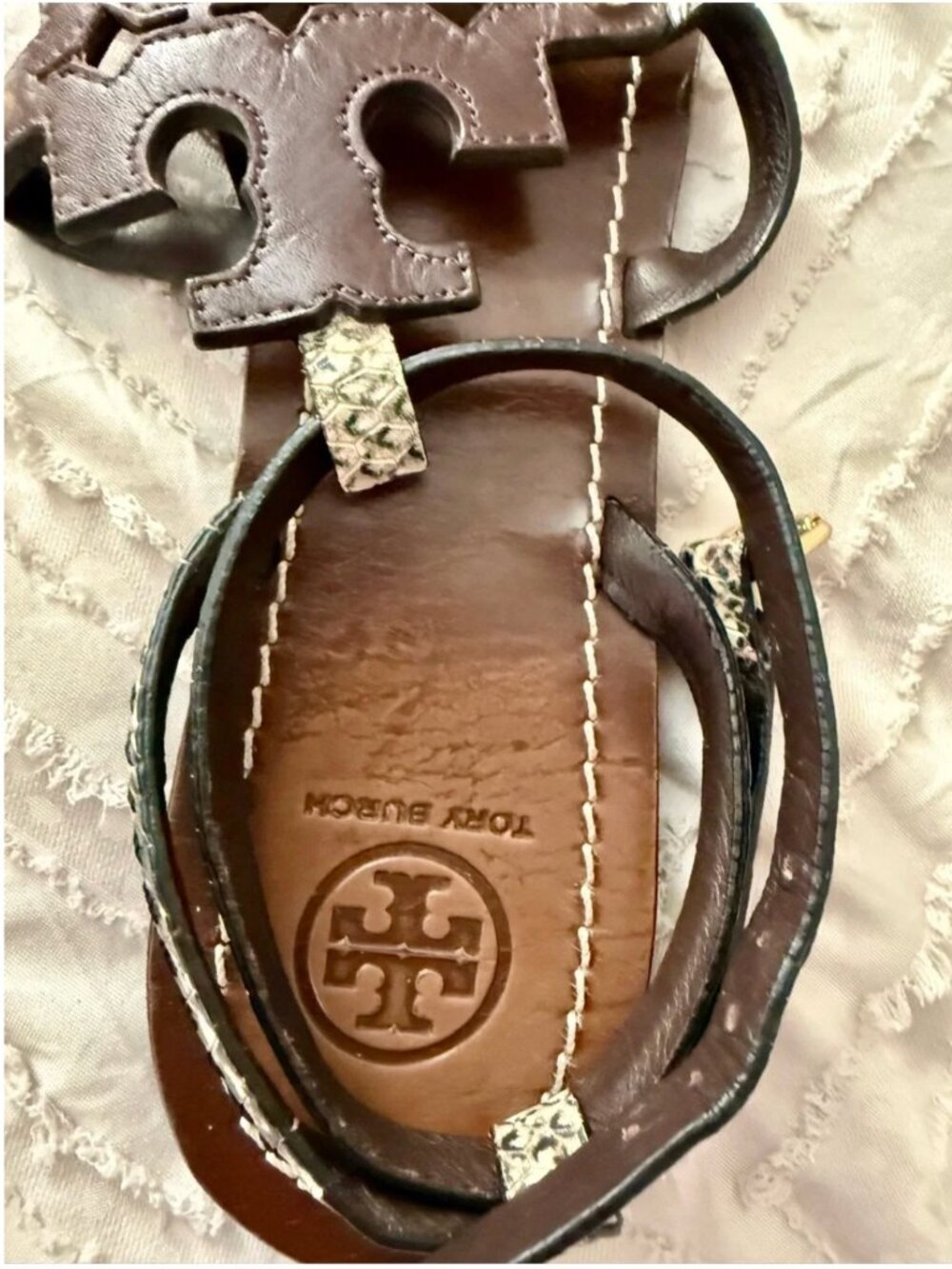 Tory Burch Phoebe Chandler Flat Leather Sandals with Snake-Print Trim - Picture 12 of 16